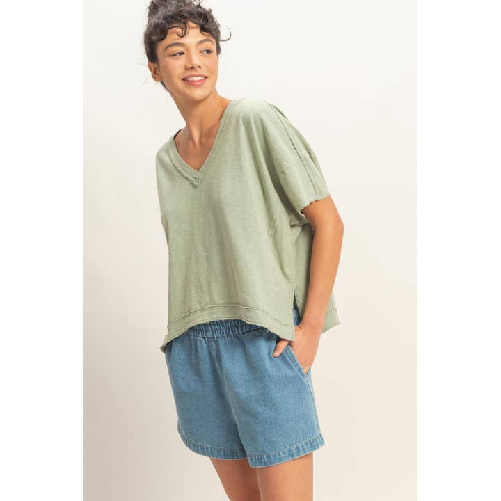 Oversized V-Neck Short Sleeve Top for wholesale by Double Zero