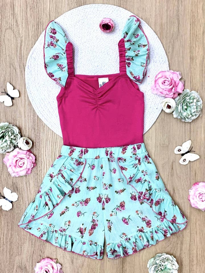 Pink Fuchsia Floral Ruffle Top and Mint Blossom Shorts Set for wholesale on Faire