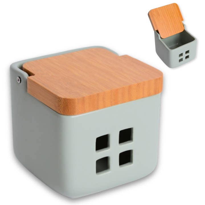 Ceramic and Bamboo Garlic Jar SQUARE - Matte Sage for wholesale by Kook Shop
