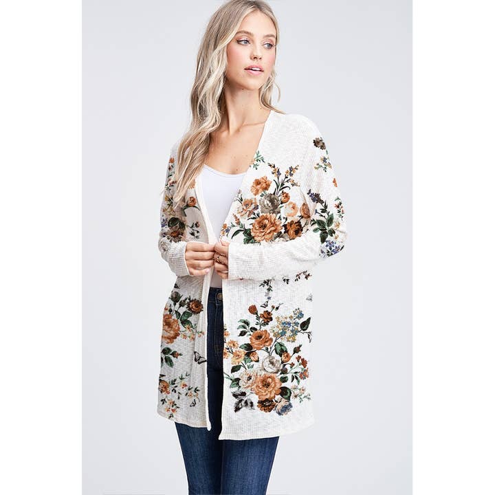 Floral print rib long sleeve cardigan for wholesale by Phil Love