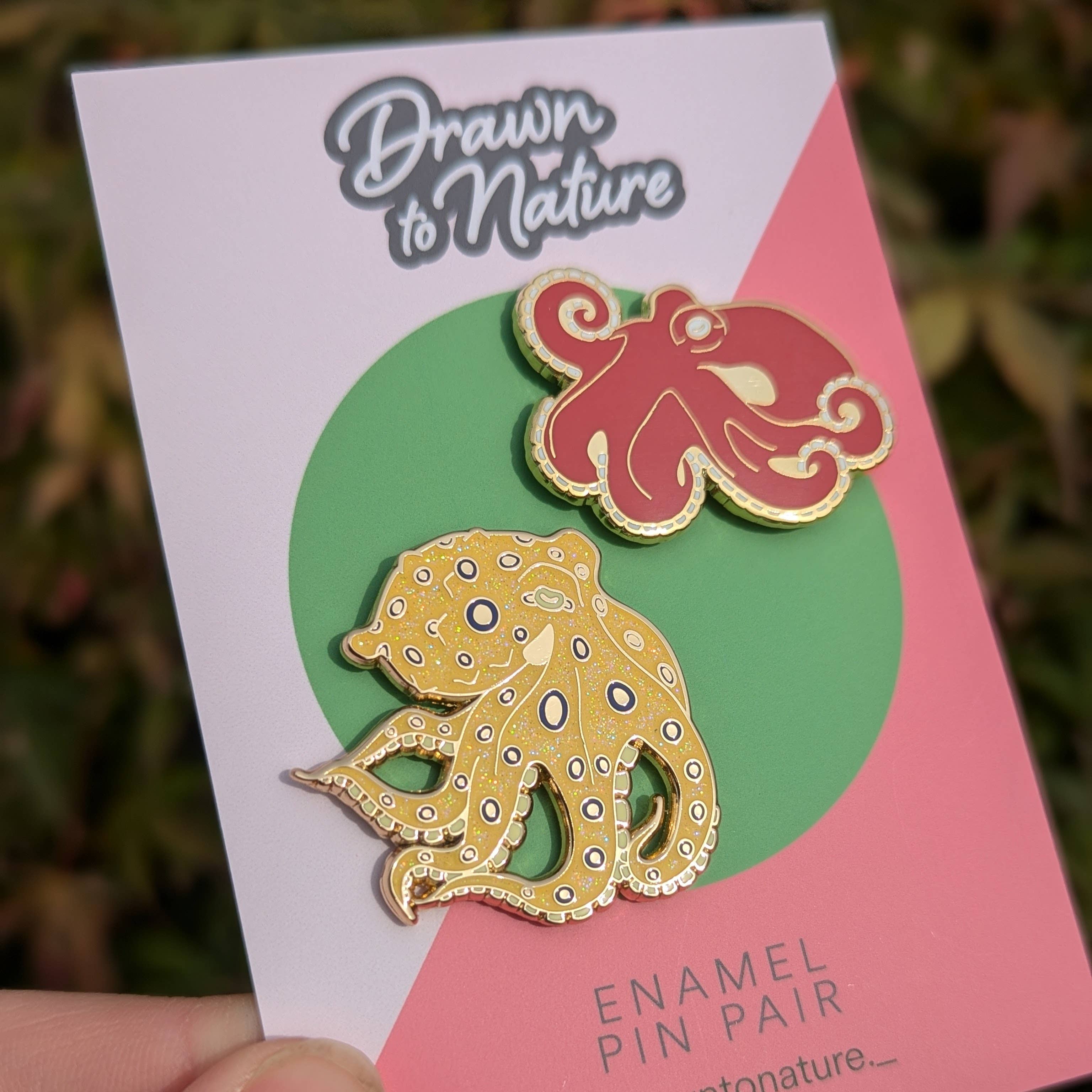 Drawn to Nature – wholesale Lapel pin/button – Octopus Enamel Pin Pair - Set of Pins1