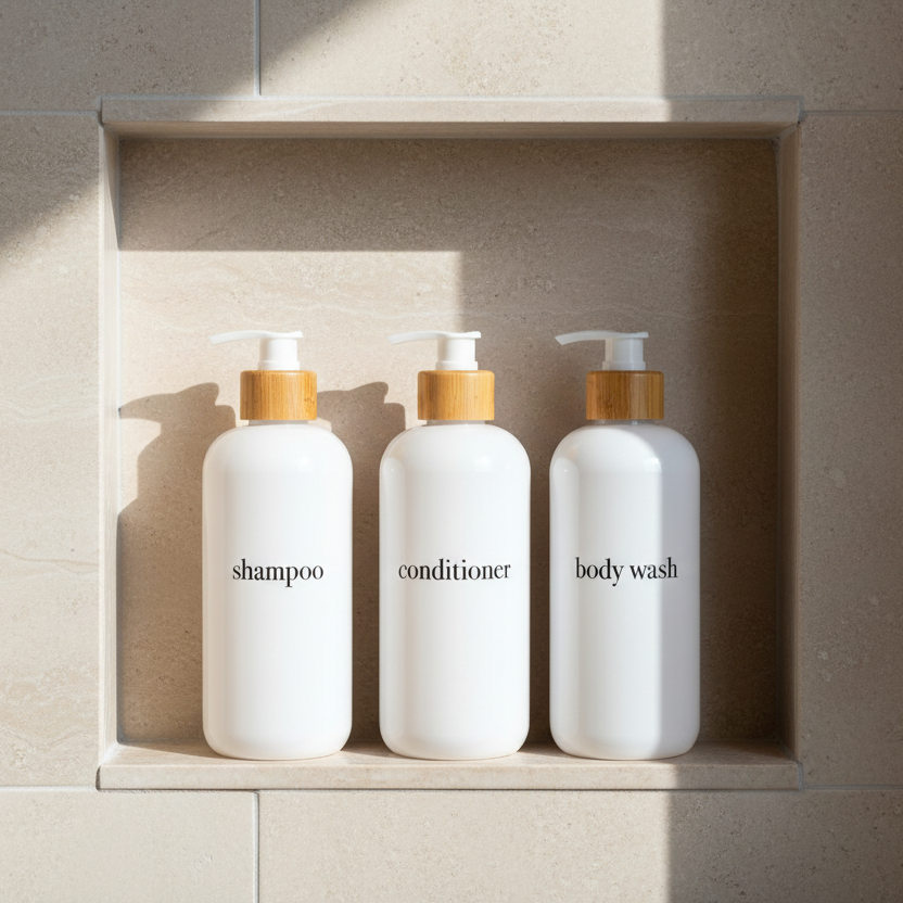 Joie Designs Co. | Refillable Bottles - Wholesale Soap Dispenser - Shampoo & Conditioner Bottle Sets - Refillable | White Dispensers | Bamboo or Plastic Tops8