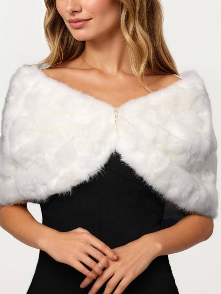 Soft Plush Faux Fur Wrap with Elegant Drape Delicate Front Detail and Smooth Luxe Texture 19in for wholesale by Anna Kaci Wholesale