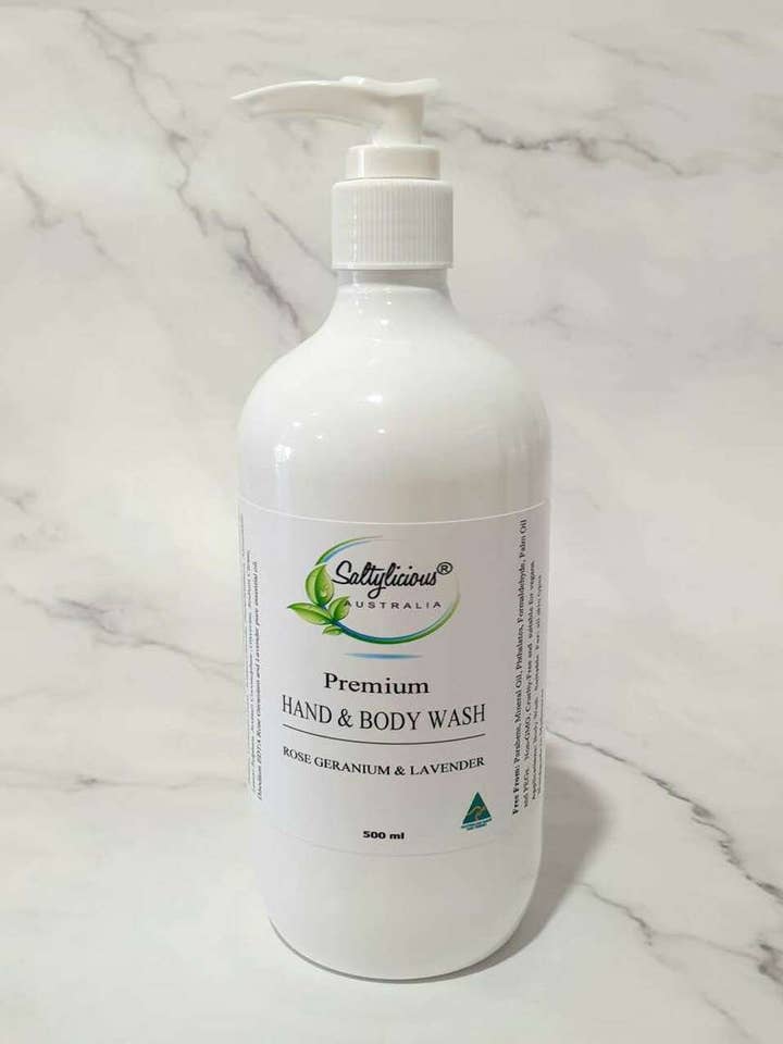 Rose Geranium & Lavender Premium hand- en lichaamswas 500 ml voor wholesale door Naturally Pure Aromas