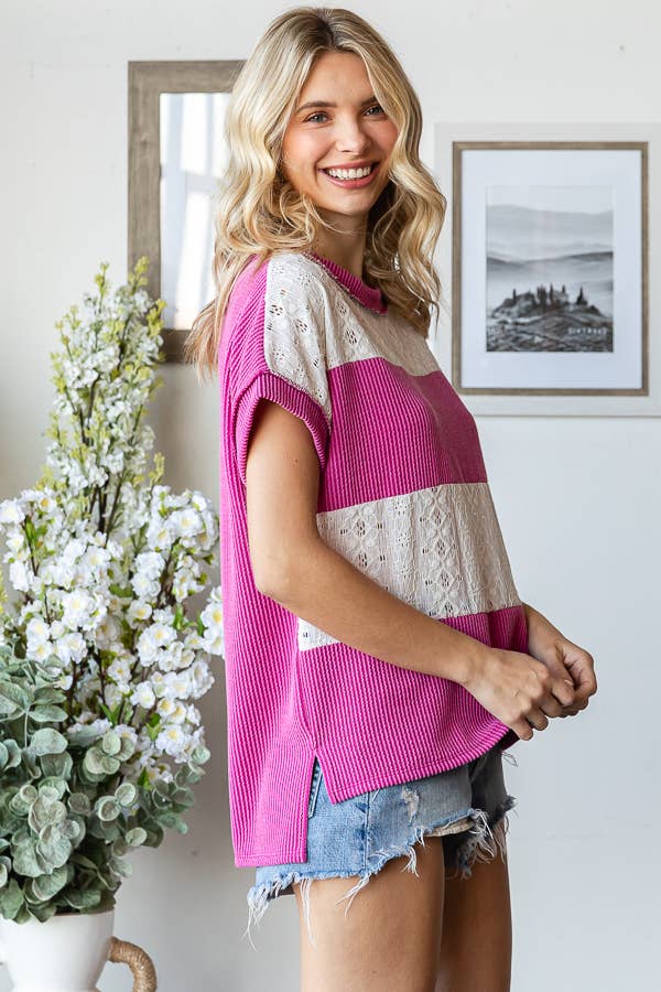 7th Ray - Vente Haut en maille – femme - Haut à manches courtes avec contraste en dentelle côtelée T586317