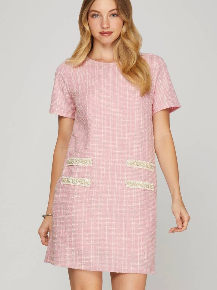 PL6056 - PEARL STUDDED TRIM KNIT TWEED DRESS for wholesale by Peace Love Line
