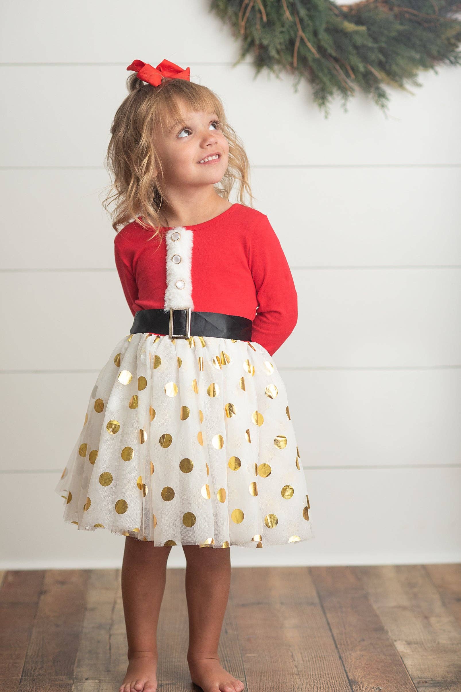 Oopsie Daisy - Wholesale Dress - Kids - Kids Santa Bow Gold Dot Tulle Christmas Holiday Dress5