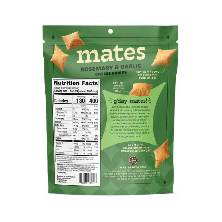 34 Degrees - Wholesale Crackers - Gluten Free Rosemary Garlic Mates Cheese Crisps-12 CT