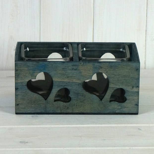 Two Part Blue Tealight With Cut Out Heart Detail H for wholesale by Satchville