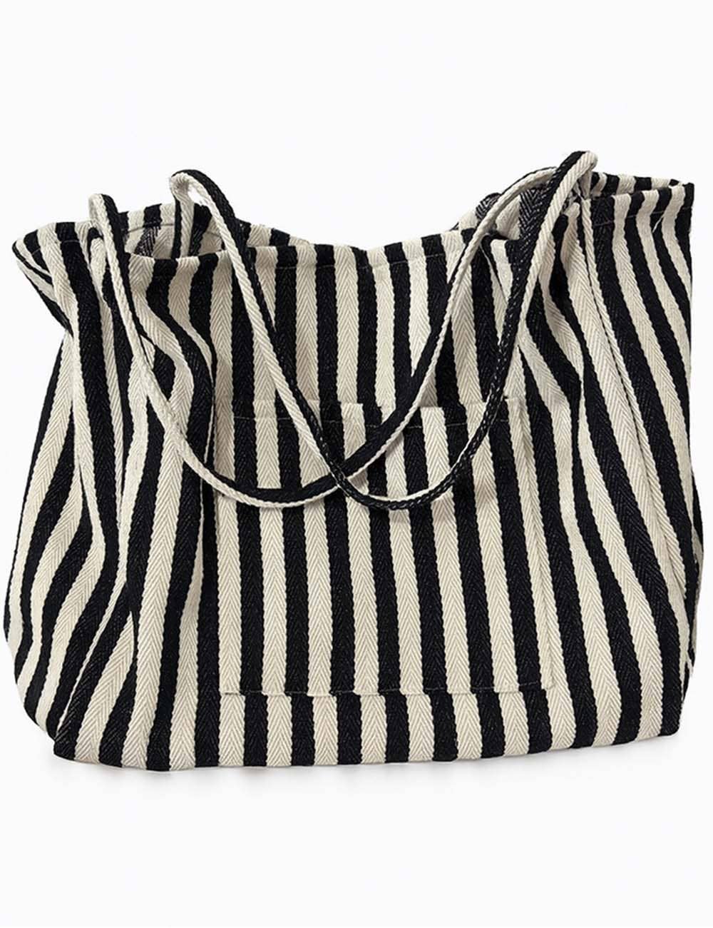 Sweetkama - Wholesale Tote Bag - Women's - Ladies Striped Double Pocket Large Capacity Canvas Tote Bag3