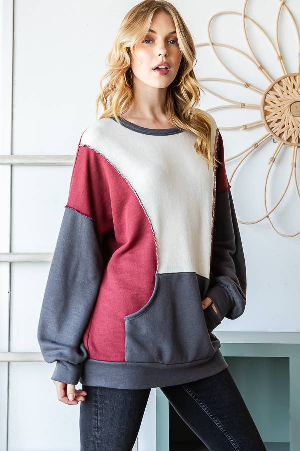 7th Ray - Wholesale Knit Top - Women's - Color Block Front Pocket Oversized Long Sleeve Top T53457
