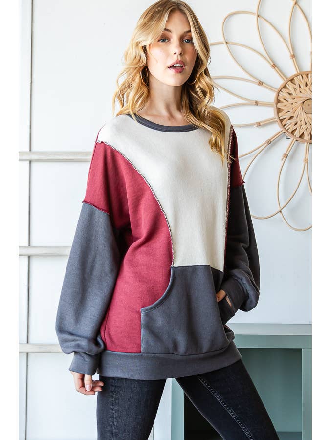 7th Ray - Wholesale Knit Top - Women's - Color Block Front Pocket Oversized Long Sleeve Top T53457