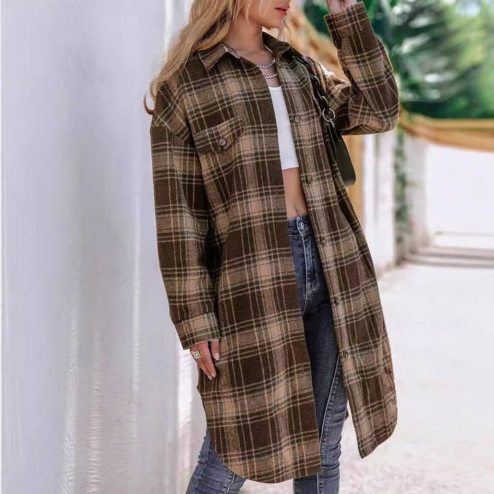 Coffee color Woolen Plaid Lapel Loose Coat for Women for wholesale on Faire3