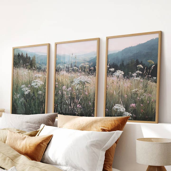 Meadow Landscape Wall Art Set of 3. Nature Prints for wholesale by PrintSets.com