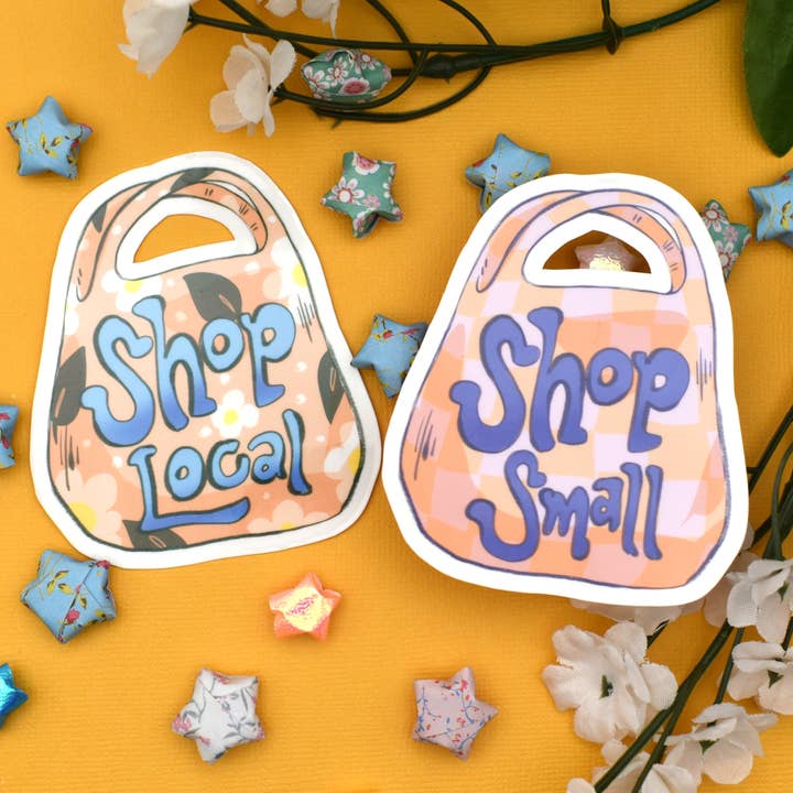 Shop Local Shop Small Grocery Bag Waterproof Vinyl Sticker for wholesale by Kingsfoil and Coffee Designs