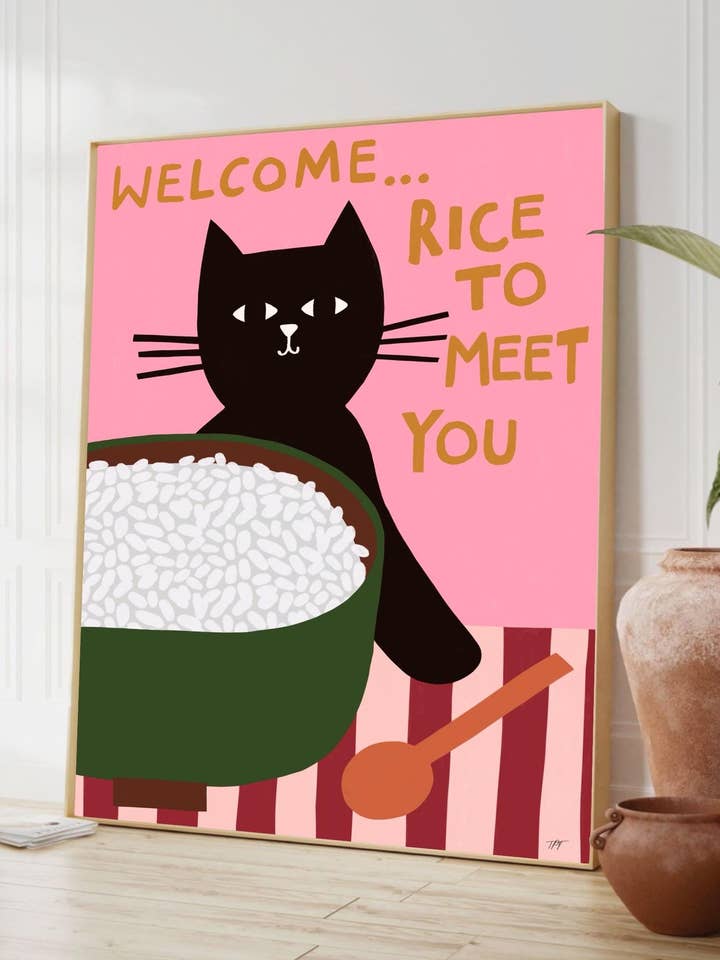Rice To Meet You Cat Print: Colourful Feline Art for wholesale by The Paper Tail