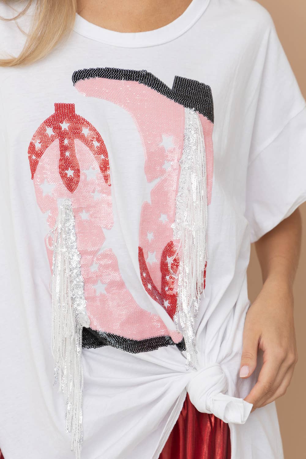 Blue B - Wholesale T-Shirt - Women's - 32487T - Cotton Sequin Western Boot Fringe Loose Side Tee4