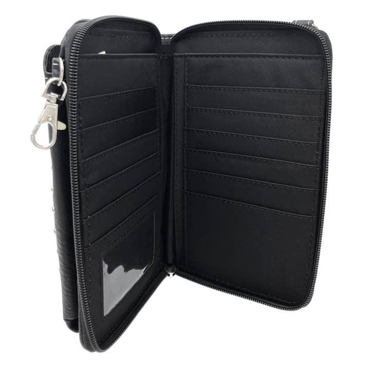 Black Skull Women's Crossbody Leather Phone Wallet for wholesale on Faire
