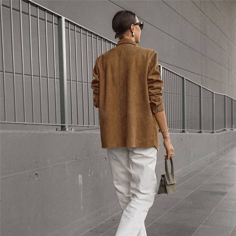 Marrone Giacca di pelle scamosciata marrone con colletto ampio in vendita all'ingrosso su Faire5