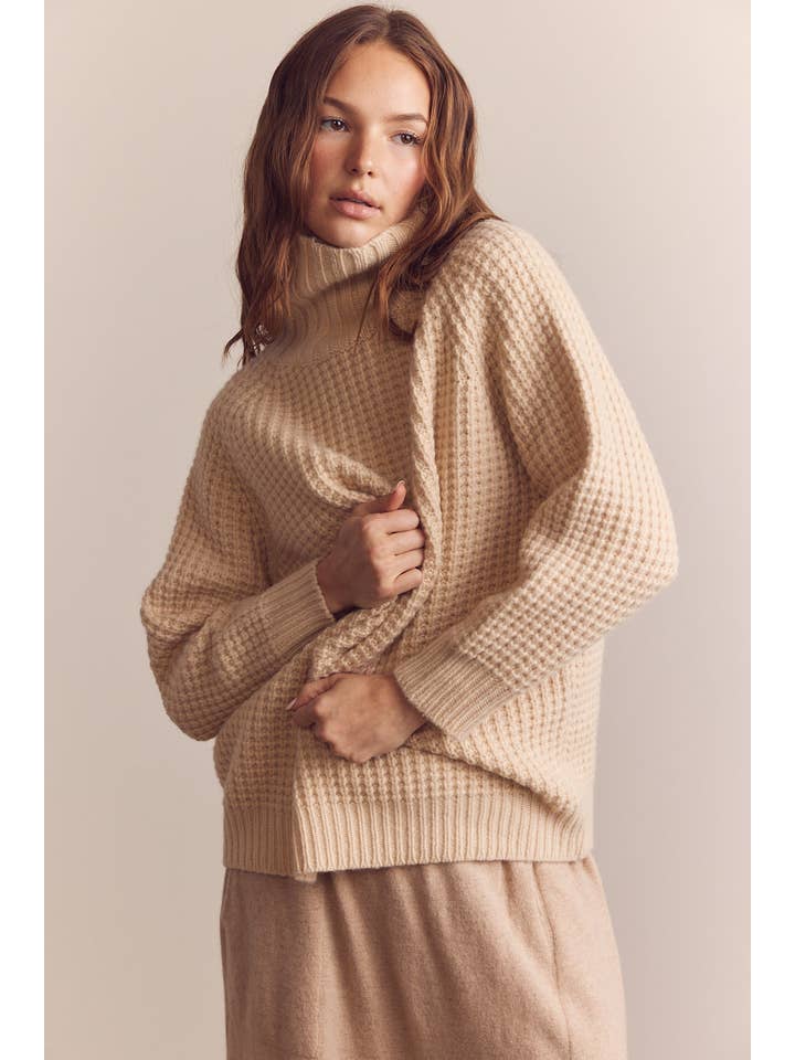 Crema Jersey tipo gofre de lana con cuello alto de venta al por mayor en Faire6