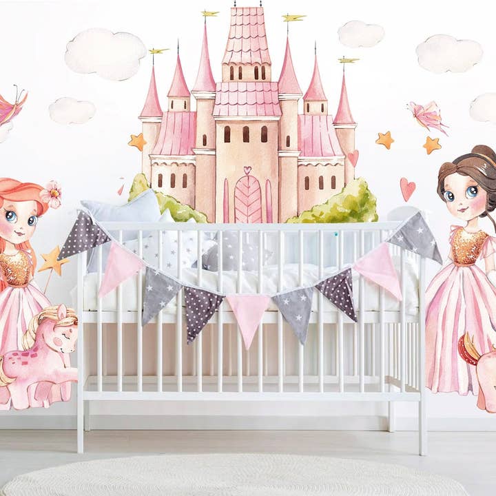 Incantevole adesivo da parete ad acquerello con castello della principessa, unicorno e amici, ideale per la decorazione della camera delle ragazze, BR186 per la vendita all'ingrosso da parte di WallKoala