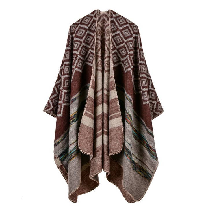 Svelte Seduction - Wholesale Poncho – Women's - Elara Ladies Rhombus Color Stripes Shawl High End8