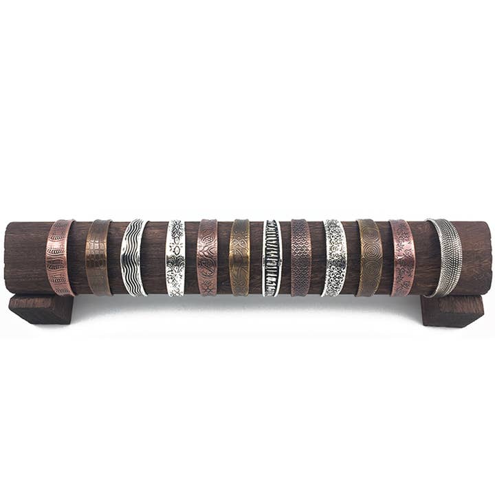 Banjara 12 Narrow Etched Metal Cuffs Prepack with Display for wholesale by Anju Jewelry