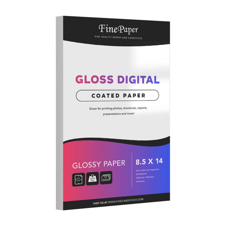 Dobbeltsidet glans digitalt papir C2S Glossy, 8,5 x 14, 100 PK for engroshandel hos Fine Cardstock