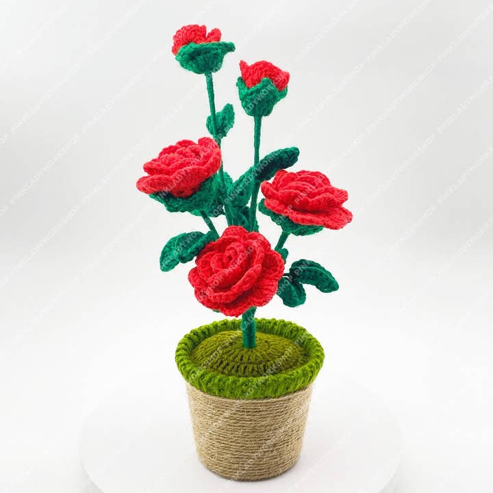 Crochet Rose Plant | Handmade Red Rose Pot for wholesale by PinkLadyWorkshop