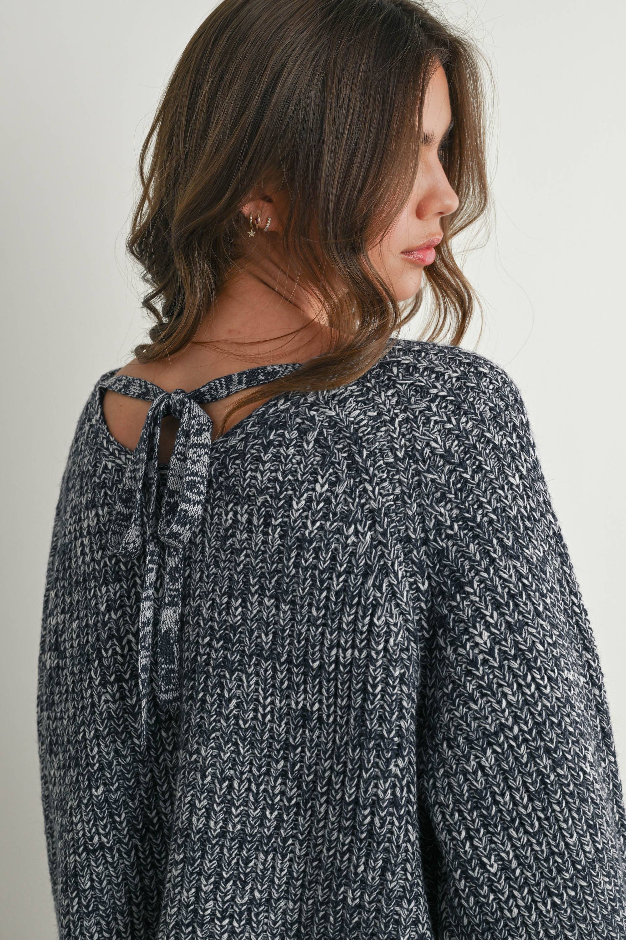 BUTTERMELON - Wholesale Knit Sweater - Women's - Tie-Back V-Neck Drop Shoulder Long Sleeve Top - BMW781016