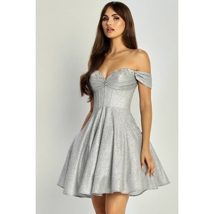 Babyfox Apparel - Wholesale Dress – Women's - Off Shoulder Sequin/Bead Neckline Metallic Glitter8