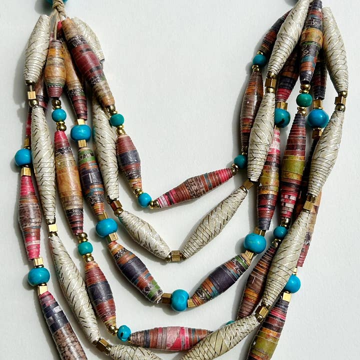 Collar llamativo multicolor con capas largas, papel hecho a mano para venta al por mayor de The Paper Beadery