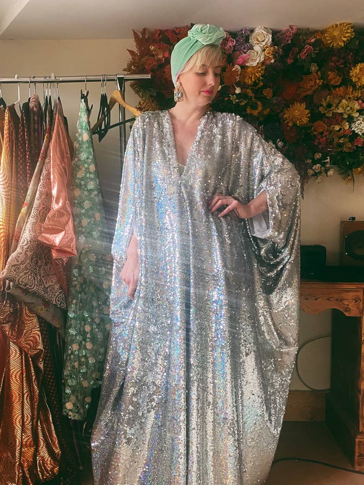 Fumbalinas - Wholesale Kaftan - Women's - Silver Metallic Holographic/ Sequin Kaftan Gown / Dress60