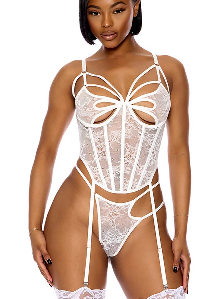 Honeymoon Suite Lace Bustier Lingerie Set - White for wholesale on Faire