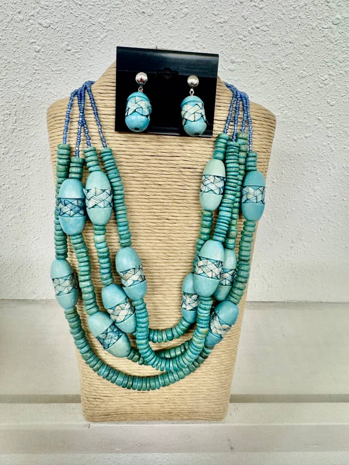 4 STRANDS BLUE SEED BEADS WITH TURQUOISE OVAL WOOD MULTI STR for wholesale by International Duru's
