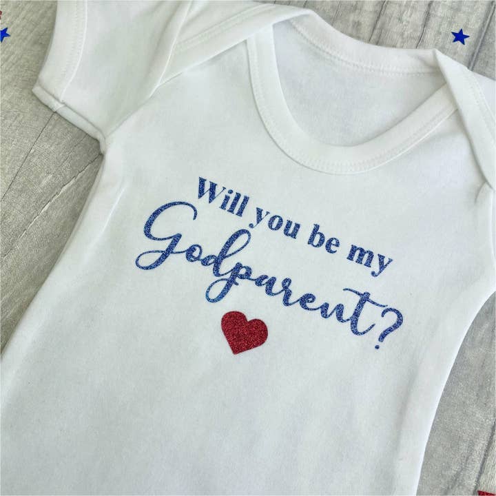 Will You Be My Godparent? Baby Girl or Boy White Short Sleeve Romper for wholesale by Personalised Baby Clothes and Gifts