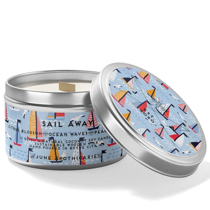 Candela in latta Sail Away Wooden Wooden Wooden per la vendita all'ingrosso da parte di June Apothicarie