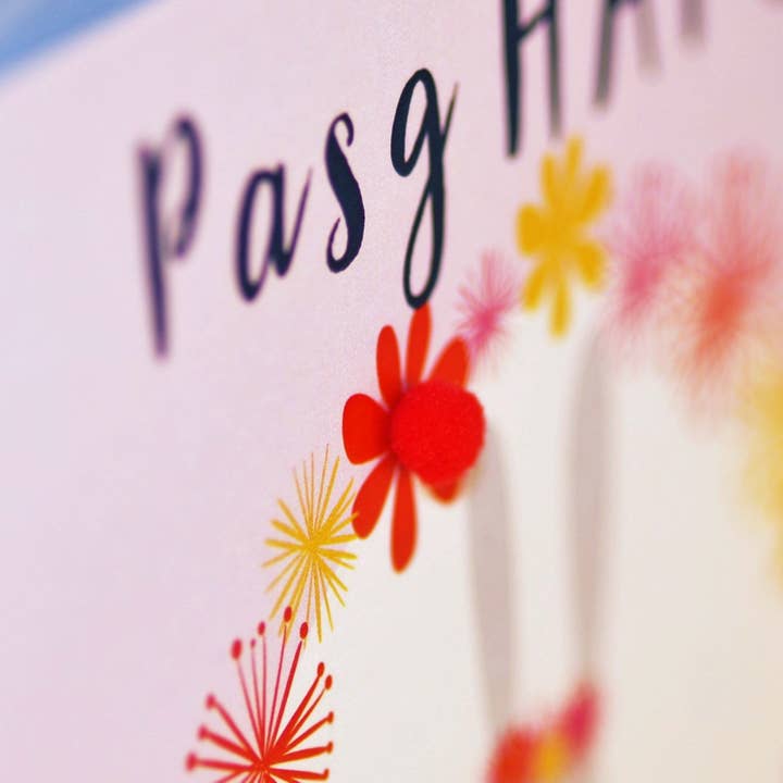 Walisische Osterkarte, Past Hapus, Bunny Girl, Hoppy Easter, Pompon verziert für den Großhandel von Claire Giles Ltd