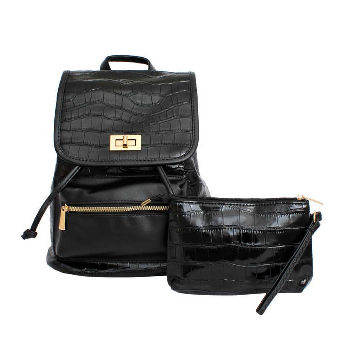 Ensemble de sacs à dos à rabat en crocodile noir pour femme pour la vente par PinktownUSA