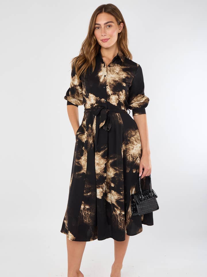 8Pcs Black and Caramel Tie-Dye Effect Midi Shirt Dress for wholesale by Love Sunshine Wholesale