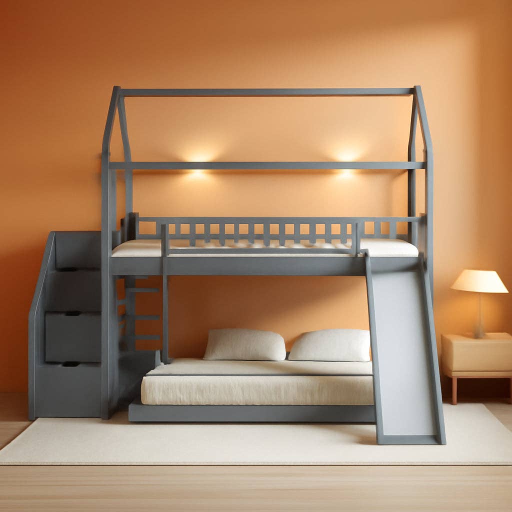 Grey Gray Twin Loft Bunk Bed With Slide And Stairs Storage for wholesale on Faire0