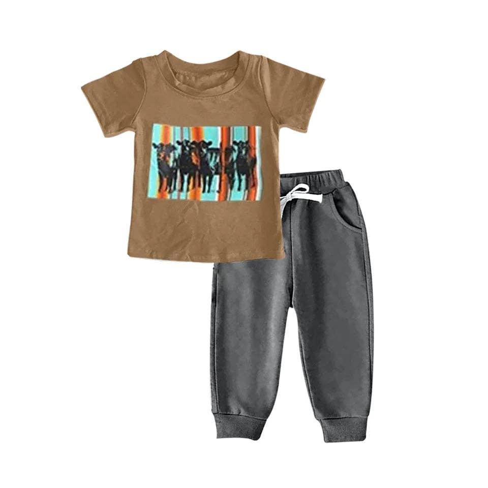 Aier Wholesale - Wholesale Top & Pant Set - Kids - Baby Boys western Cows Tops Pants clothes sets2