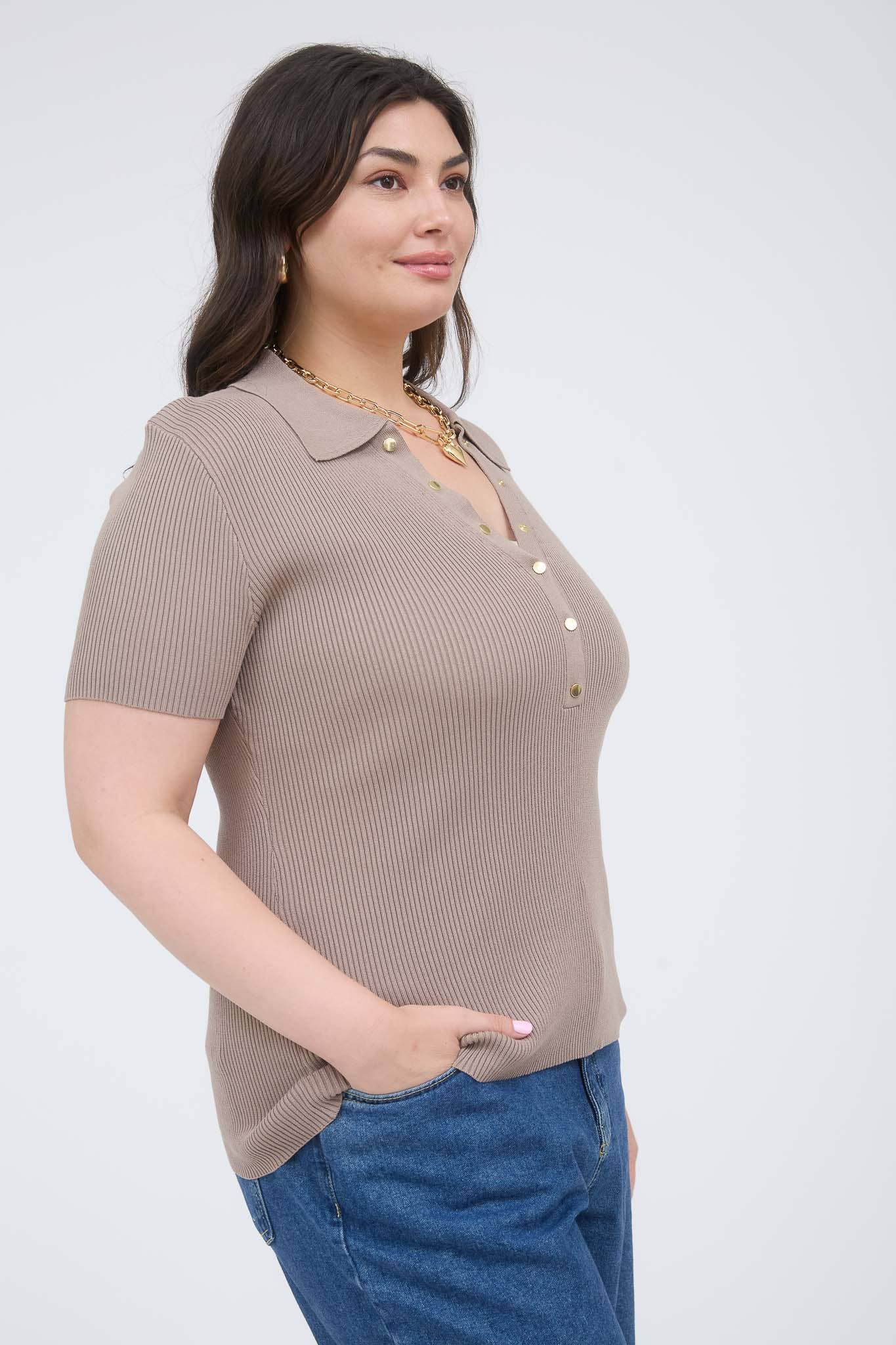 The Workshop Studio - Wholesale Knit Top - Women's - PLUS GOLD SNAP BUTTON SWEATER KNIT POLO20