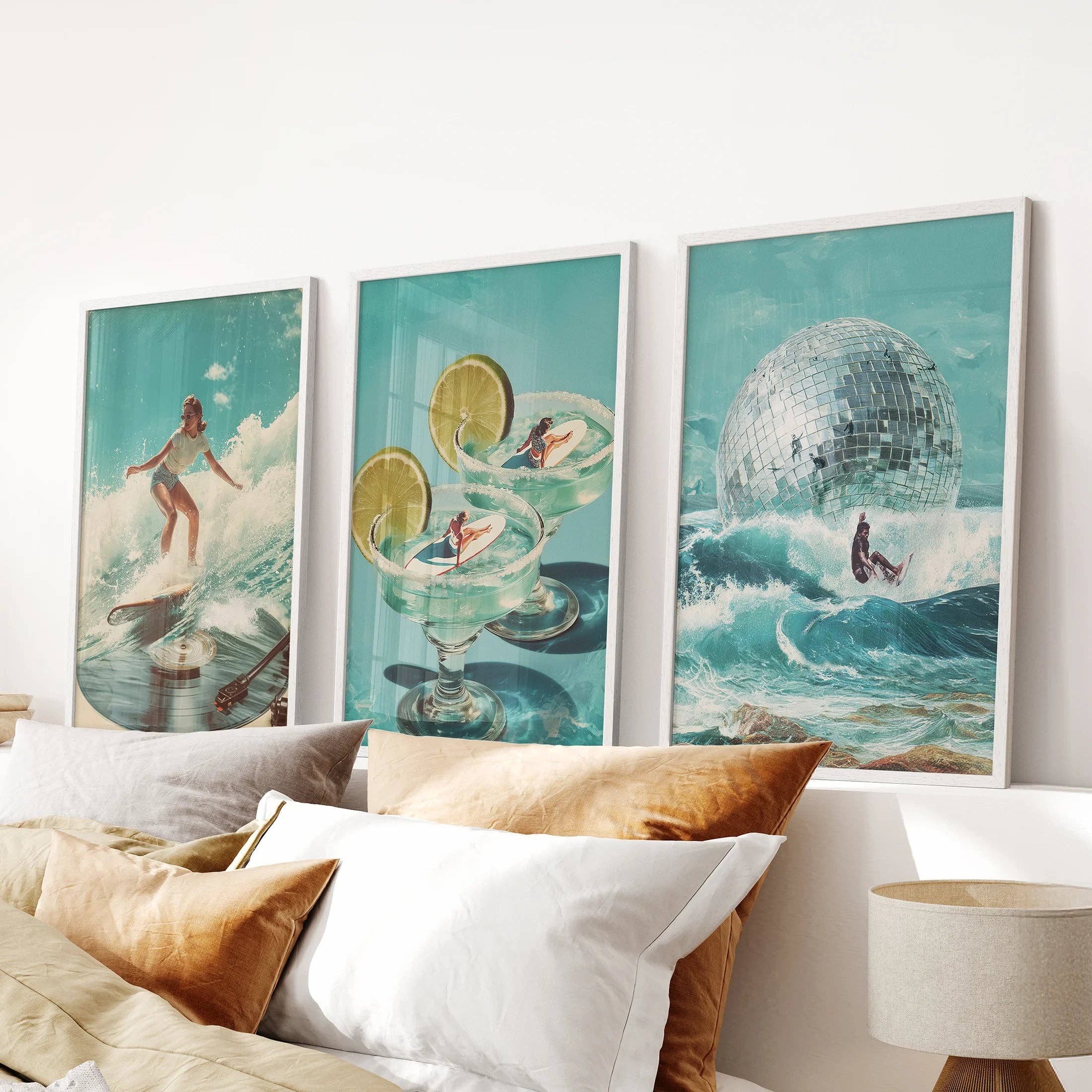 PrintSets.com - Wholesale Gallery Wall Set - Retro Coastal Surfing Wall Art Set of 3. Surreal Blue Wave1