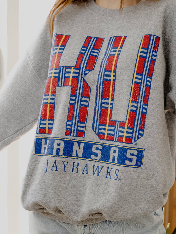 KU Kansas Jayhawks Preppy Plaid Gray Thrifted Sweatshirt for wholesale by LivyLu