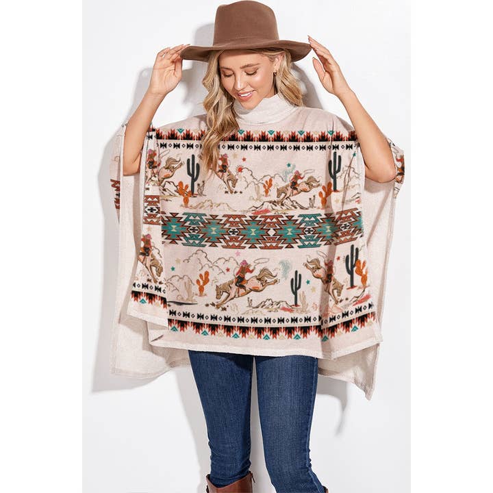Phil Love - Venta al por mayor Poncho - Mujer - Poncho Rodeo Cowgirl con estampado azteca y cuello de tortuga