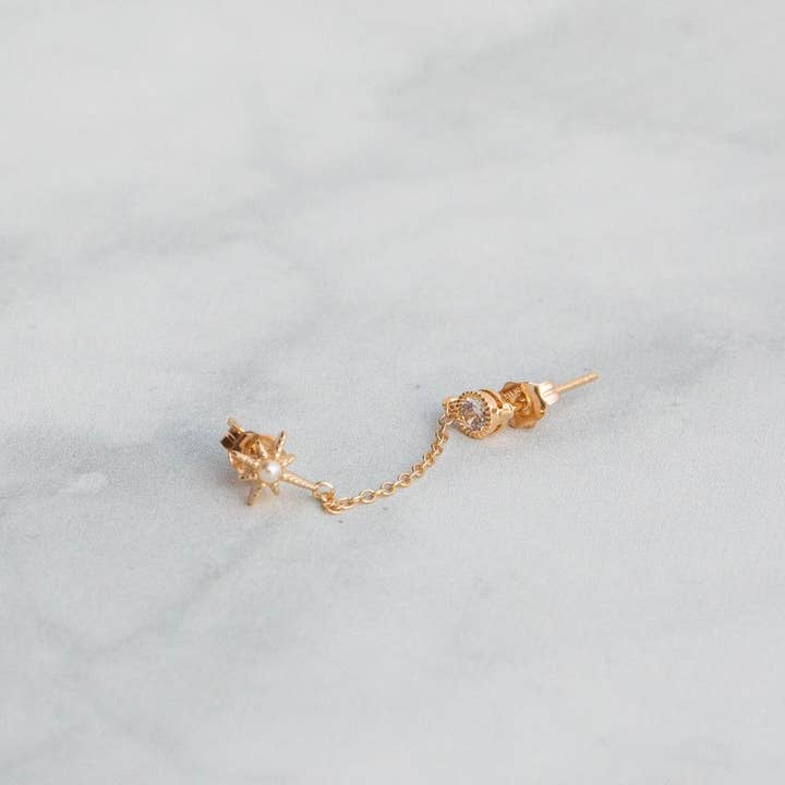 A Worthy Brand - Vendita all'ingrosso Orecchini pendenti - Piercing doppio per orecchini, a forma di luna e stella, con zirconi cubici