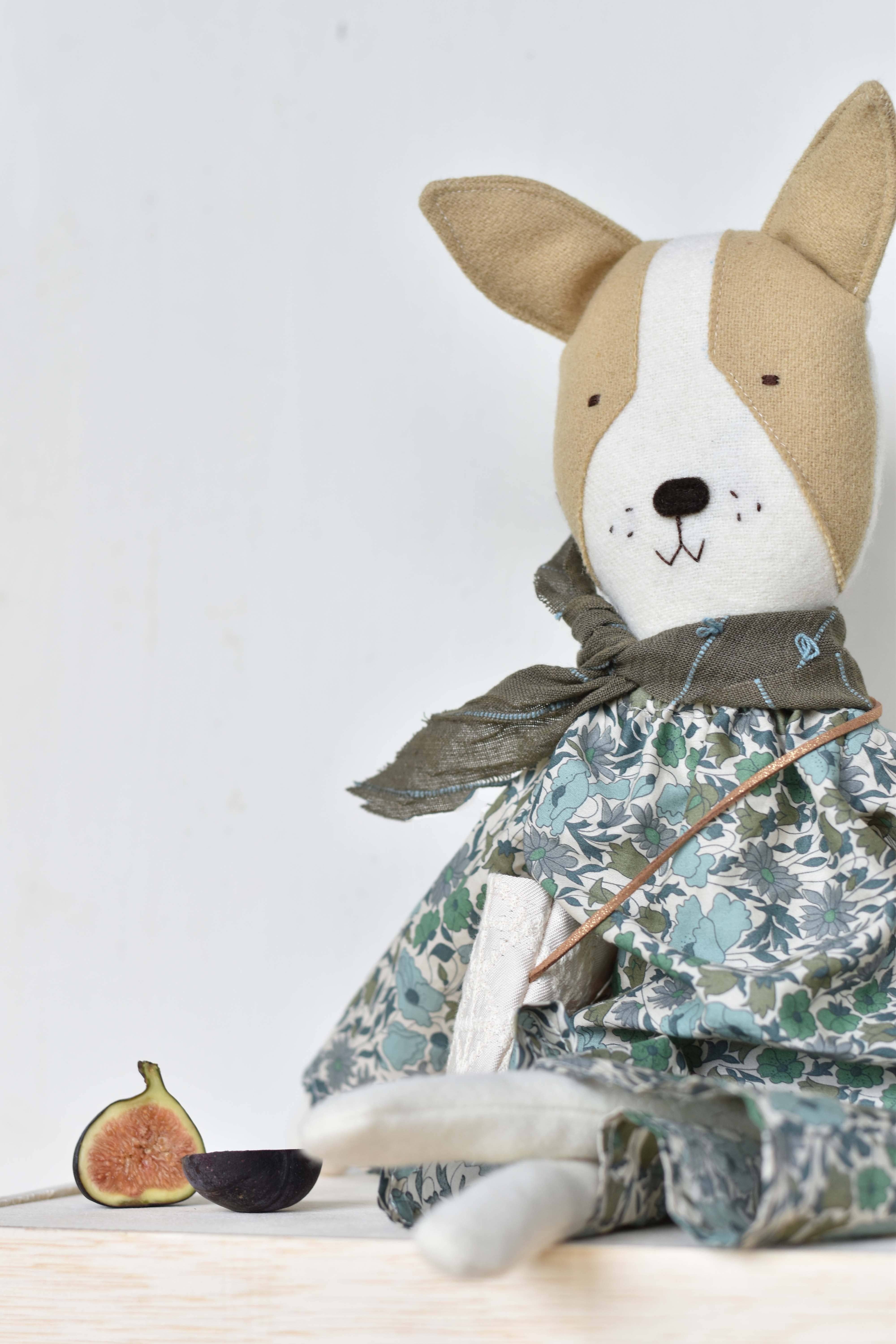 Woolgrass Farm - Wholesale Doll - Kids - Fig the Frenchie Dog - Liberty Floral Day Dress- Handmade Heirloom Doll