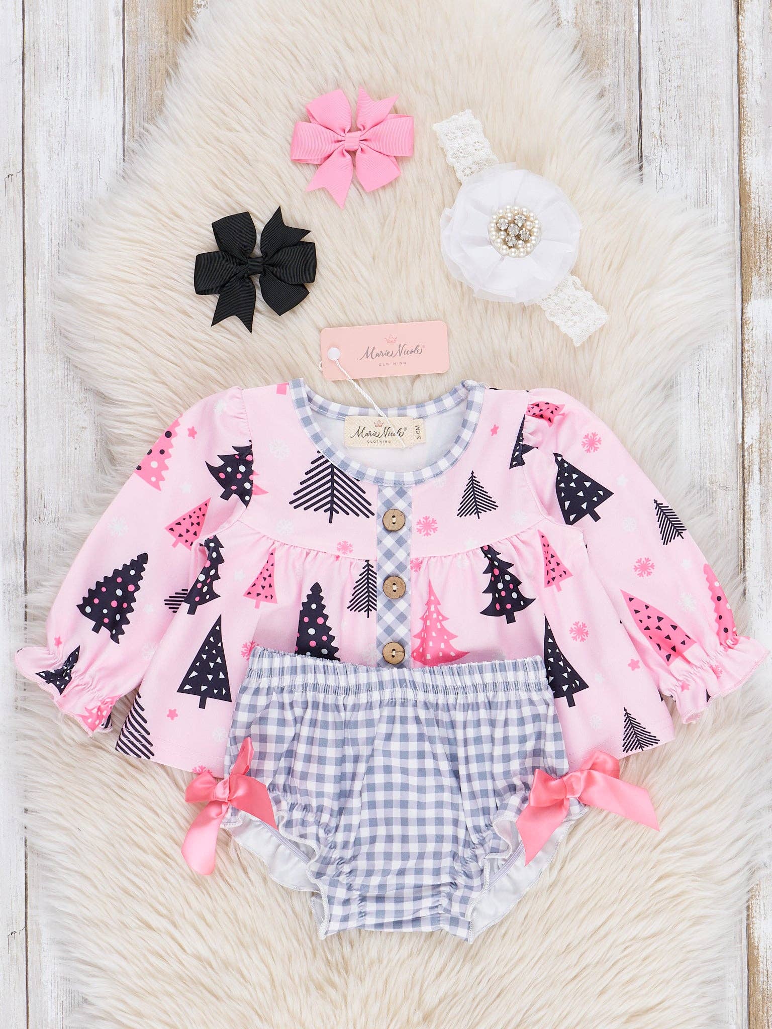 Marie Nicole Clothing - Wholesale Clothing Set - Baby - Pink Forest Gingham Ruffle Bloomers Outfit1