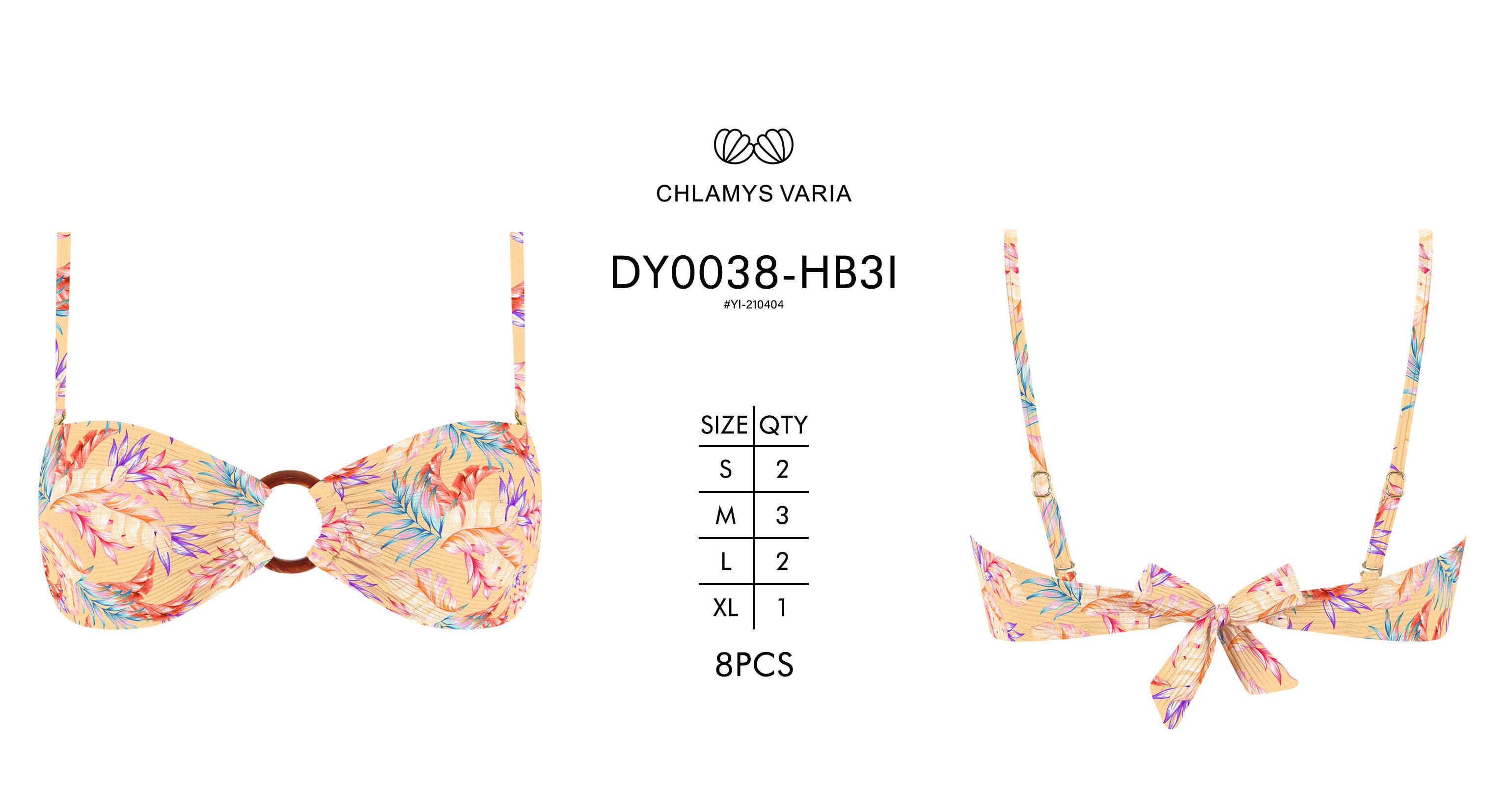 Chlamys Varia by MrMiss - Wholesale Swim top – Women's - Ribbed Bandeau Bikini Top- Amber Palm frond Print1